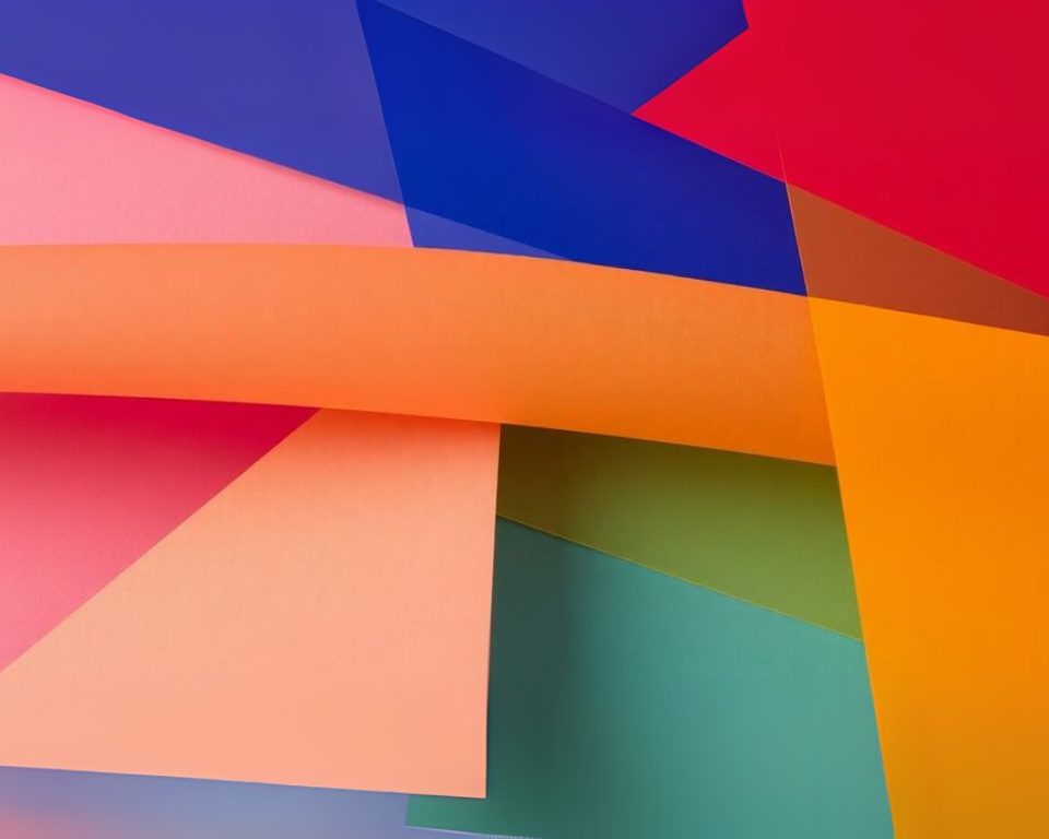 Brand color palette and abstract shapes.