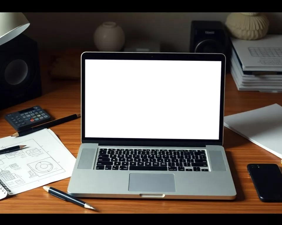 Designer desk with generic stock photo on laptop.